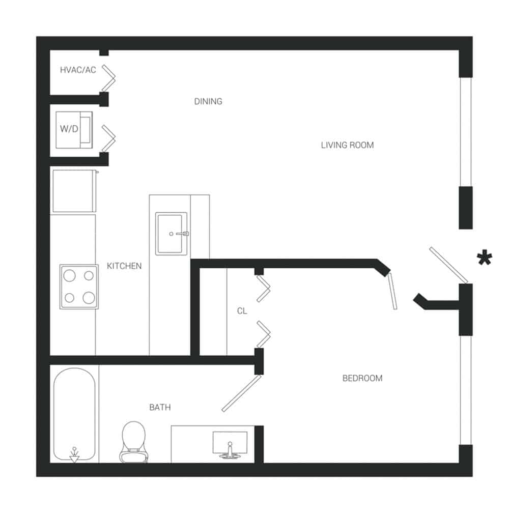 A 3D image of the A1lw floorplan, a 531 squarefoot, 1 bed / 1 bath unit