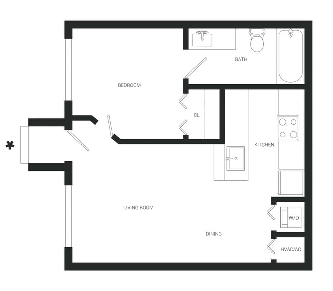 A 3D image of the A2lw floorplan, a 531 squarefoot, 1 bed / 1 bath unit