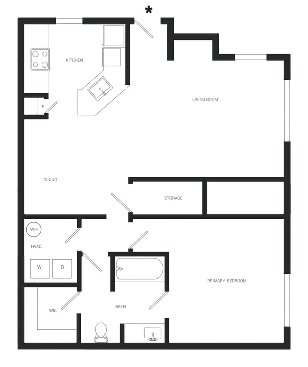 A 3D image of the A3lw floorplan, a 871 squarefoot, 1 bed / 1 bath unit