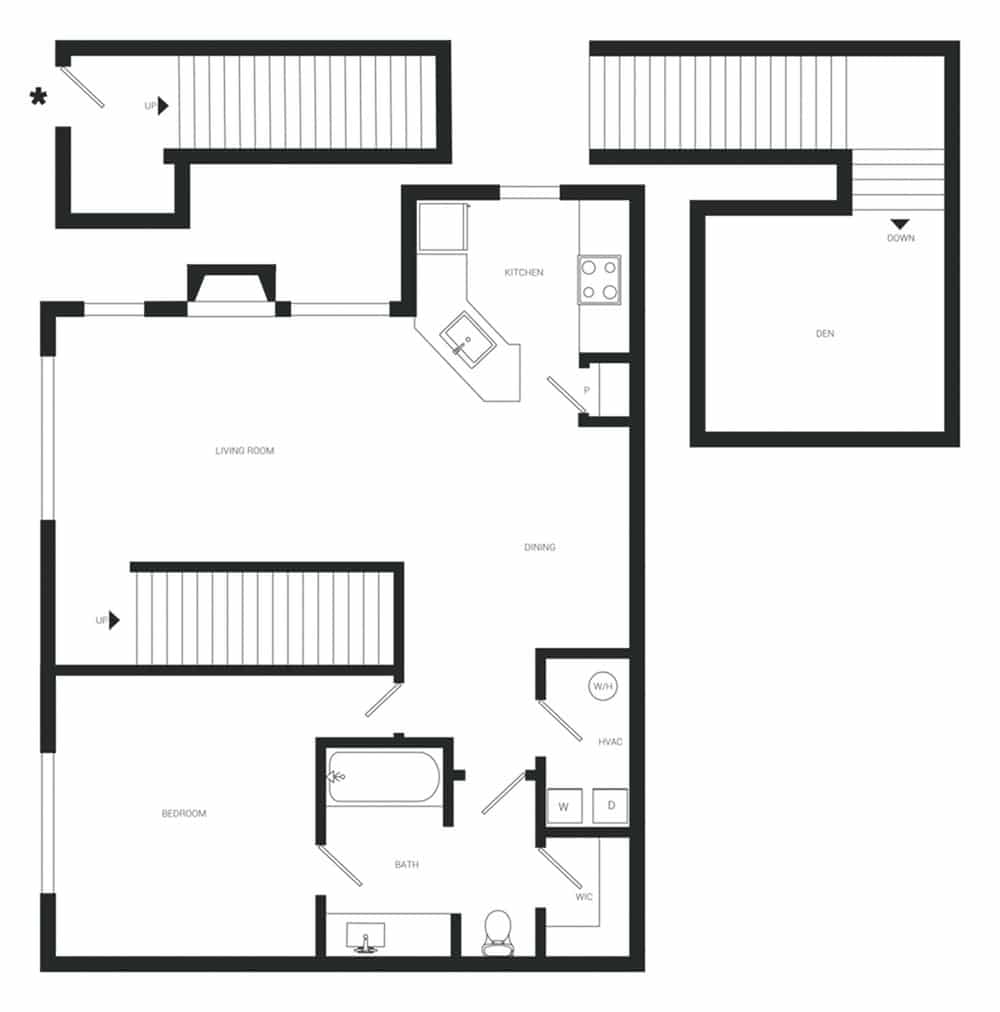 A 3D image of the A4lw floorplan, a 1132 squarefoot, 1 bed / 1 bath unit