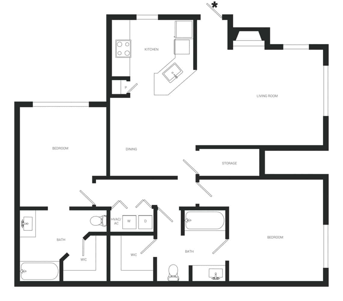 A 3D image of the B1Ulw floorplan, a 1070 squarefoot, 2 bed / 2 bath unit