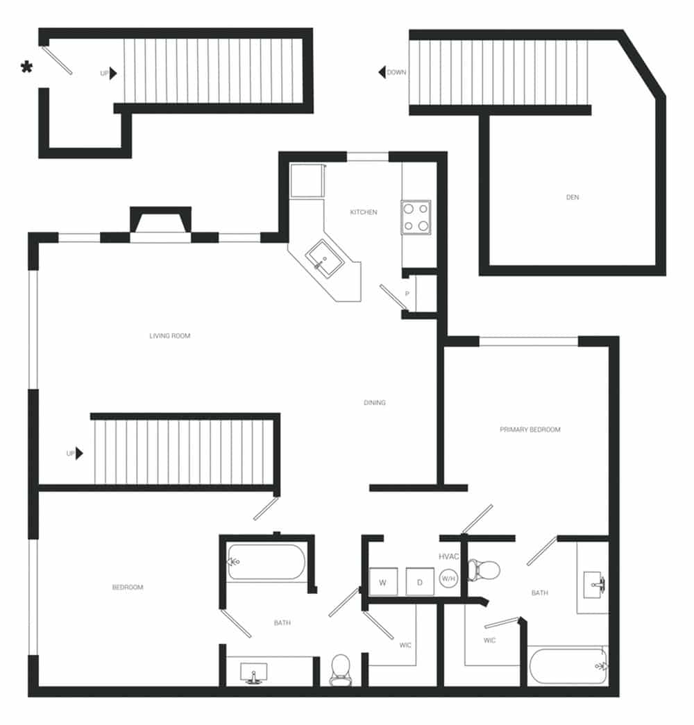 A 3D image of the B2lw floorplan, a 1239 squarefoot, 2 bed / 2 bath unit