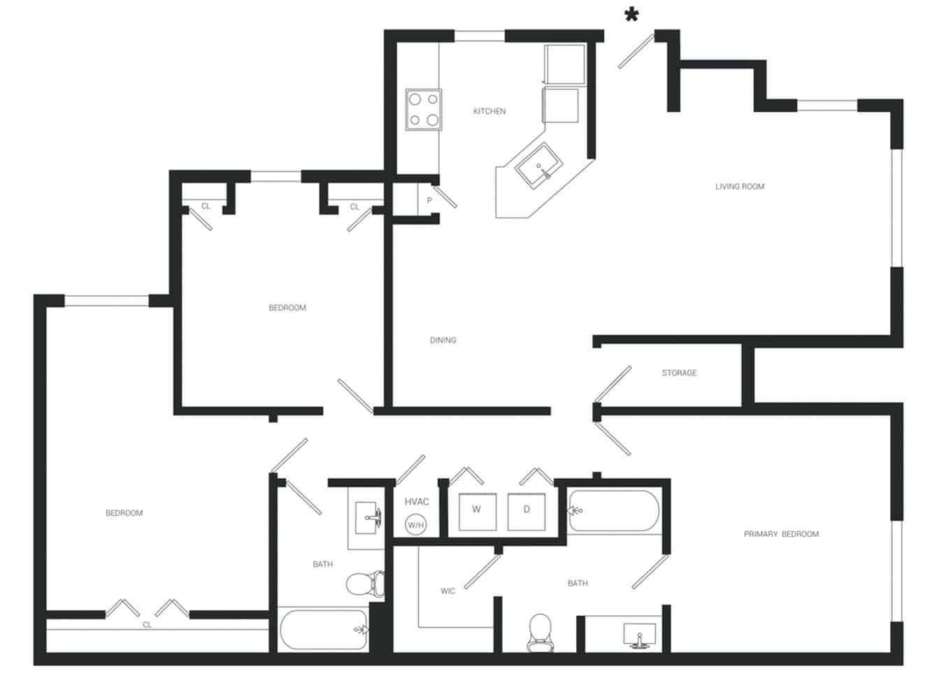 A 3D image of the C1lw floorplan, a 1216 squarefoot, 3 bed / 2 bath unit