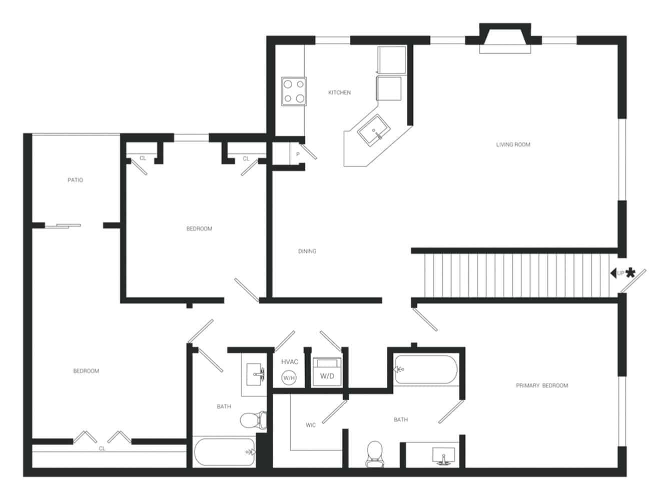 A 3D image of the C2Ulw floorplan, a 1274 squarefoot, 3 bed / 2 bath unit